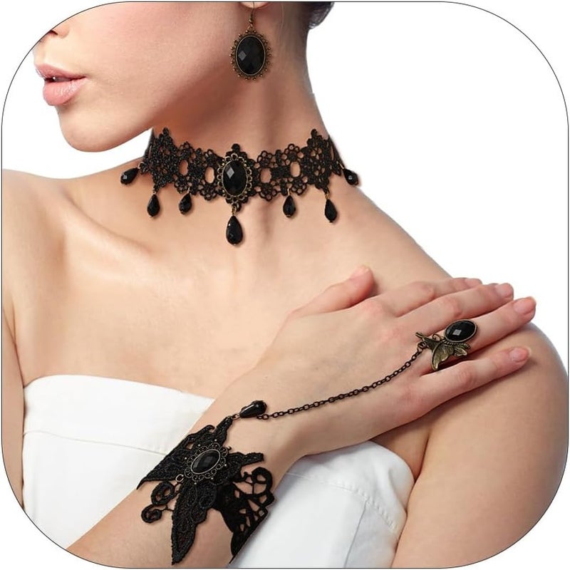 ELLEZZA Gothic Victorian Style Vampire Choker Necklace Bracelet Earrings Set,Halloween Pirate Steampunk Witch Vampire Costume Accessories Jewelry for Women,Adjustable Size - Image 1
